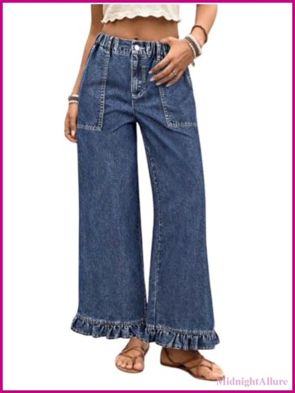 Ruffle Hem Wide Leg High Rise Flared Jeans Elastic Waist Boyfriend Baggy